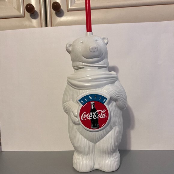 Vintage **Always Coca Cola** White Plastic Polar Bear Drinking Bottle & Straw - Picture 2 of 4